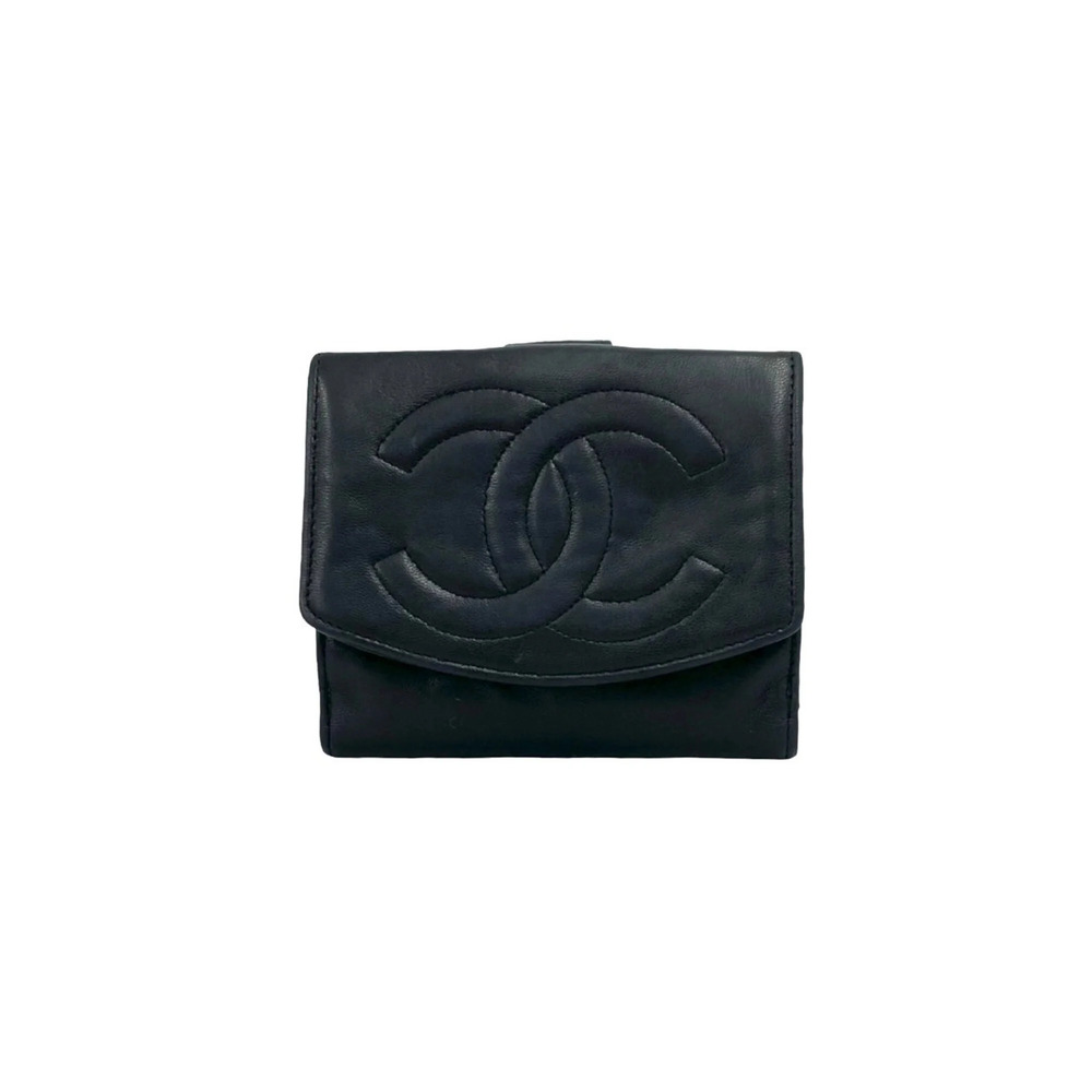 CHANEL Vintage Coco Mark Lambskin Leather Bi-fold Wallet, Black, 43109